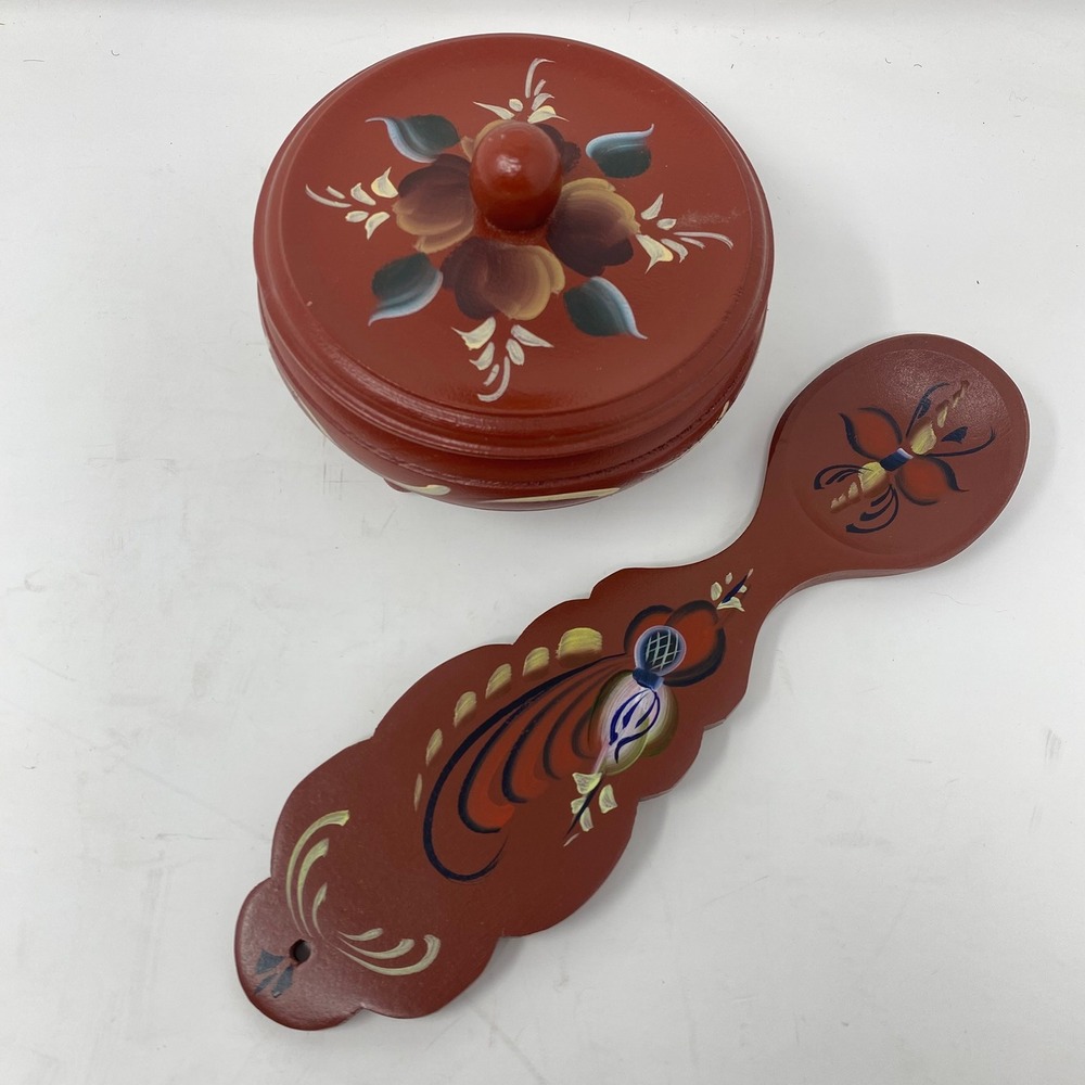 Vintage PB Norway Wooden Bowl Spoon Red Rosemaling Hand Painted Folk Art
